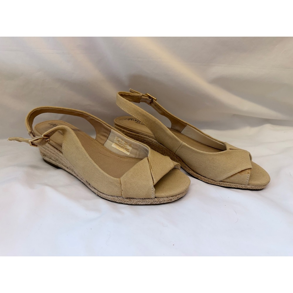 LifeStride Socialite Tan Fabric Espadrille Wedge Sandals Womens 9.5M Slingback